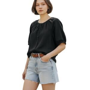 Uniqlo Linen Blend Volume Sleeve Blouse Black NWT - Size Large